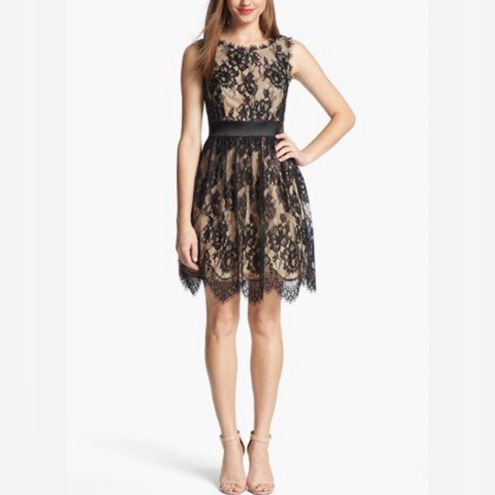 Black Lace Fit & Flare Cocktail Dress Wedding Guest Size 10